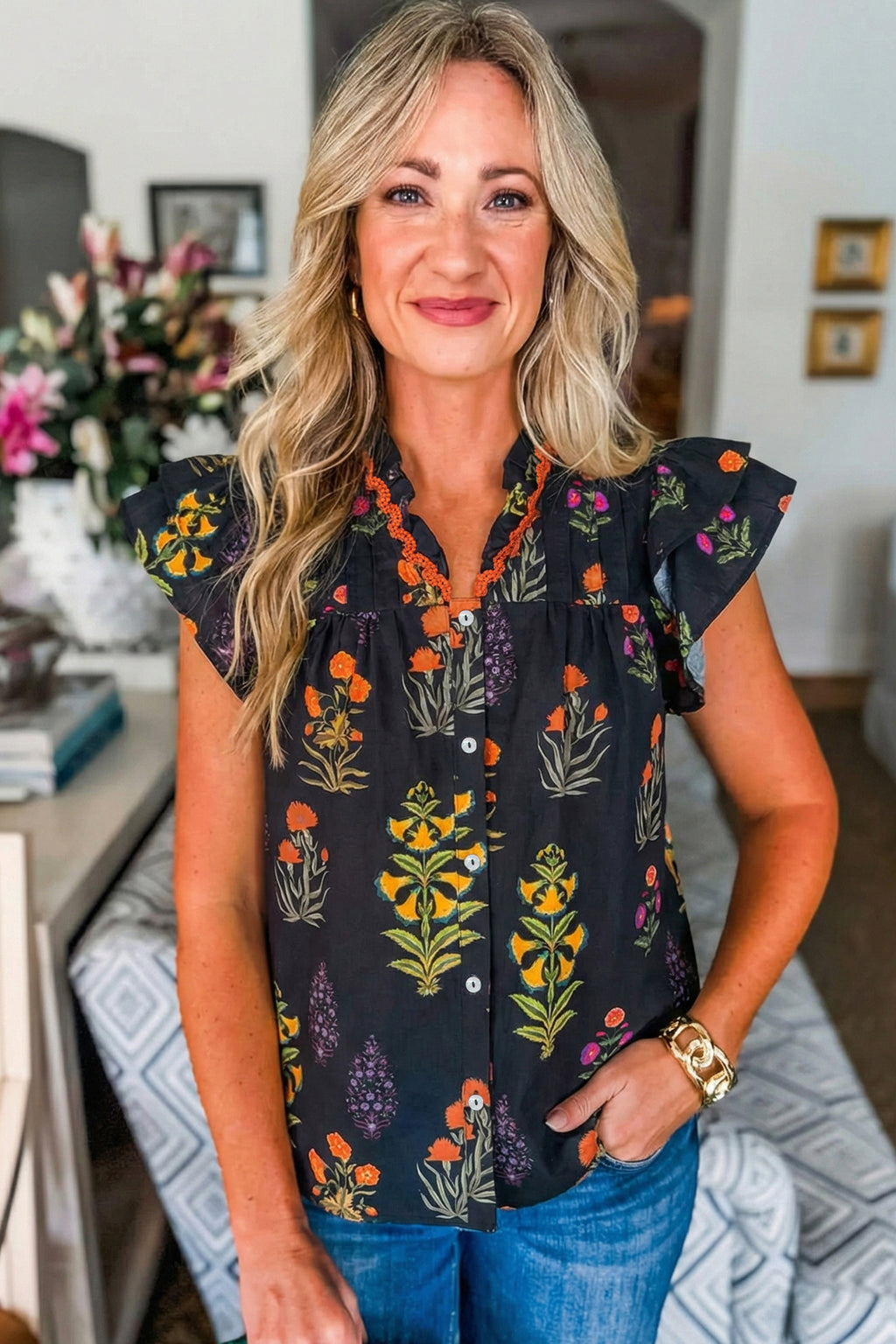 Black Floral Print Lace Trim Frilled V Neck Short Sleeve Shirt