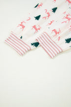 Pink Bow Christmas Tree Print Contrast Striped Banding 2pcs Lounge Set