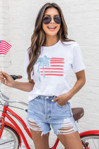 White American Flag Bow Knot Print Crew Neck T Shirt