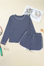 Blue Stripe Drop Shoulder Round Neck Long Sleeve Tee and Buttoned Shorts 2pcs Lounge Set