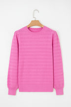 Fiery Red Trendy Pattern Knit Ribbed Cuffs Crew Neck Sweater