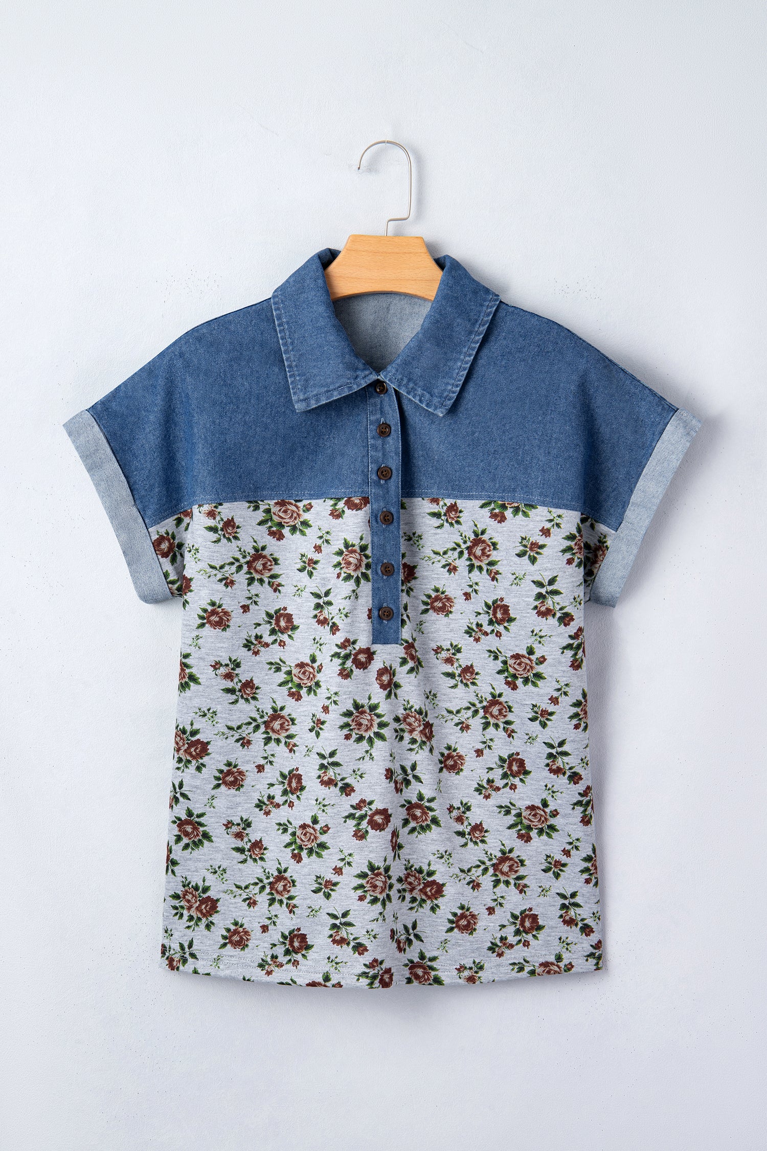 Gray Retro Floral Print Denim Patchwork Buttoned Polo Collar Top