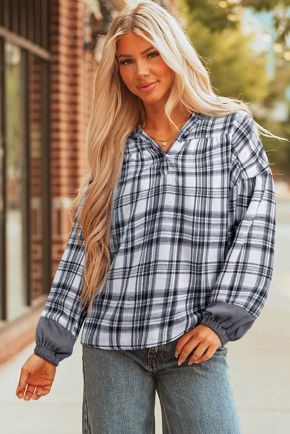 Plaid Patchwork Long Sleeve Button Hooded Blouse