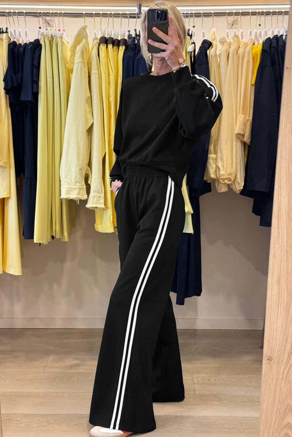 Oatmeal Varsity Striped Detail Crewneck Pullover Elastic Sweatpants 2pcs Outfit