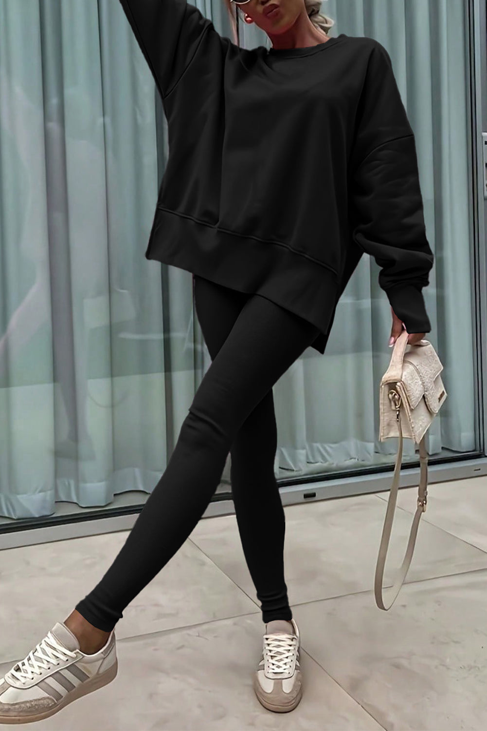 Solid Color Oversize Slit Sweatshirt Ribbed Leggings 2pcs Set