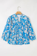 Sky Blue V Neck Floral Print 3/4 Puff Sleeve Blouse
