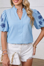 Beau Blue Flower Embroidered Puff Sleeve Split Neck Textured Blouse