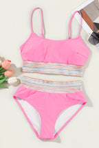 Striped Patchwork Spaghetti Strap High Waist Bikini Swimsuit