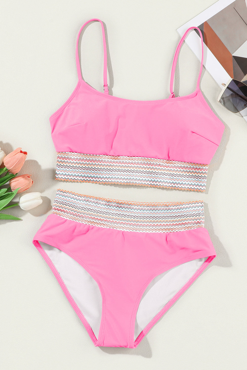 Striped Patchwork Spaghetti Strap High Waist Bikini Swimsuit