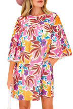 Pink Floral Print Lace Trimmed Tie Back Bell Sleeve Swing Mini Dress