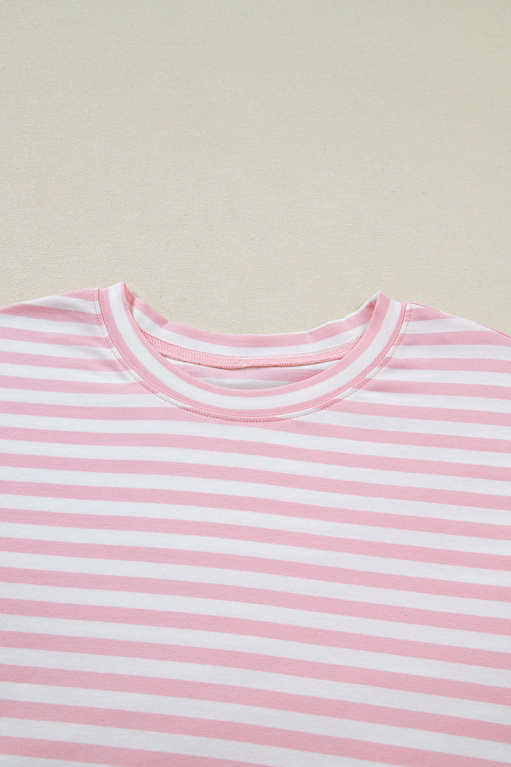 Pink Stripe Drop Shoulder Round Neck Top and Buttoned Straight Pants Two Piece Set