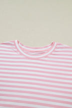 Pink Stripe Drop Shoulder Round Neck Top and Buttoned Straight Pants Two Piece Set