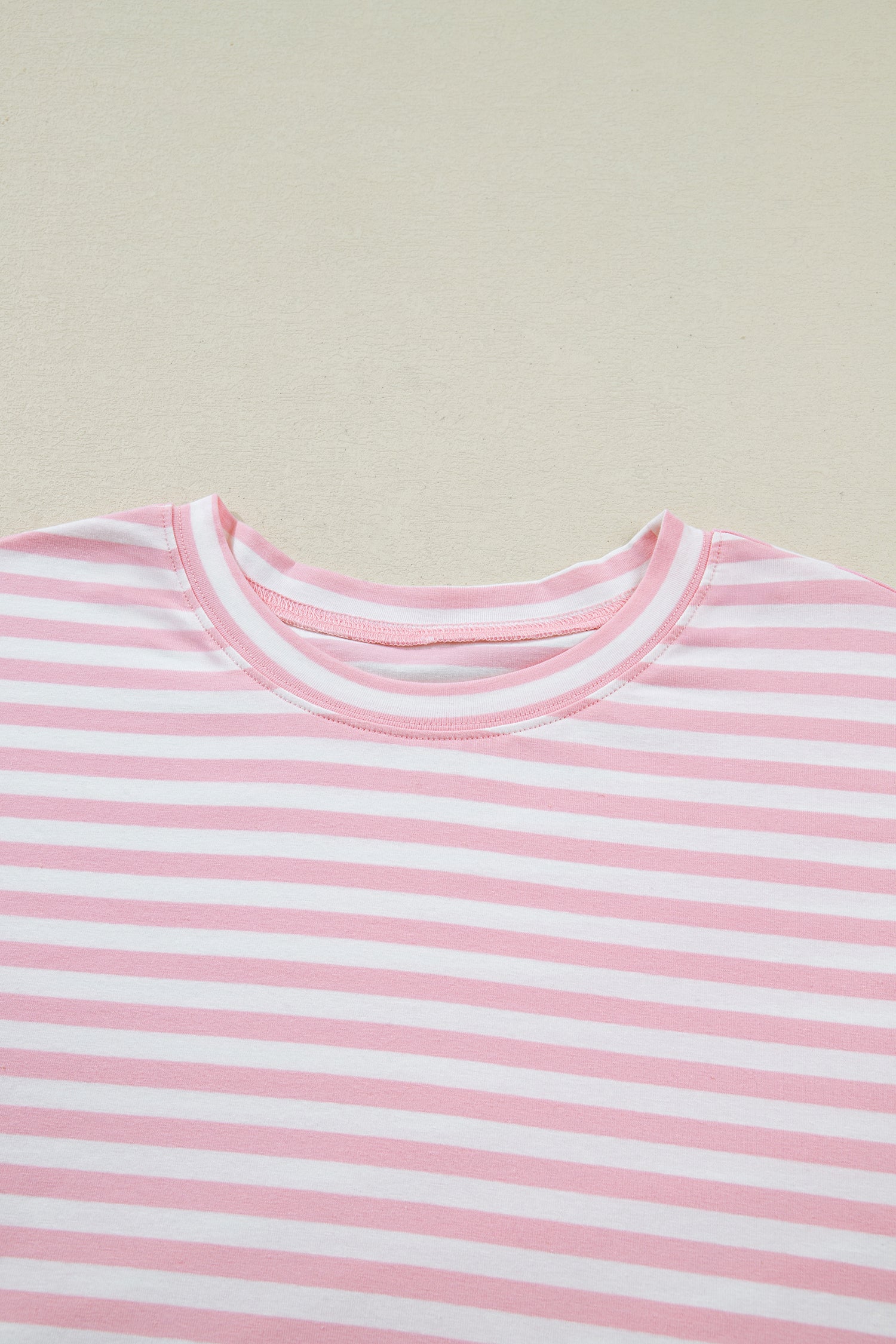 Pink Stripe Drop Shoulder Round Neck Top and Buttoned Straight Pants Two Piece Set