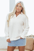 White Textured Pocketed Collared V Neck Pullover Sweatshirt