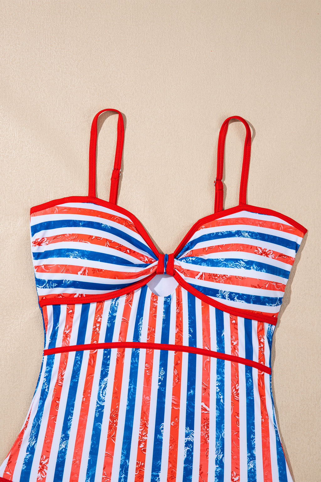 Red July 4th Stripes Star Floral Impression Cutout Spaghetti Straps One Piece Swimsuit