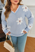 Gray Fuzzy Flower Scalloped V Neck Plus Size Sweater