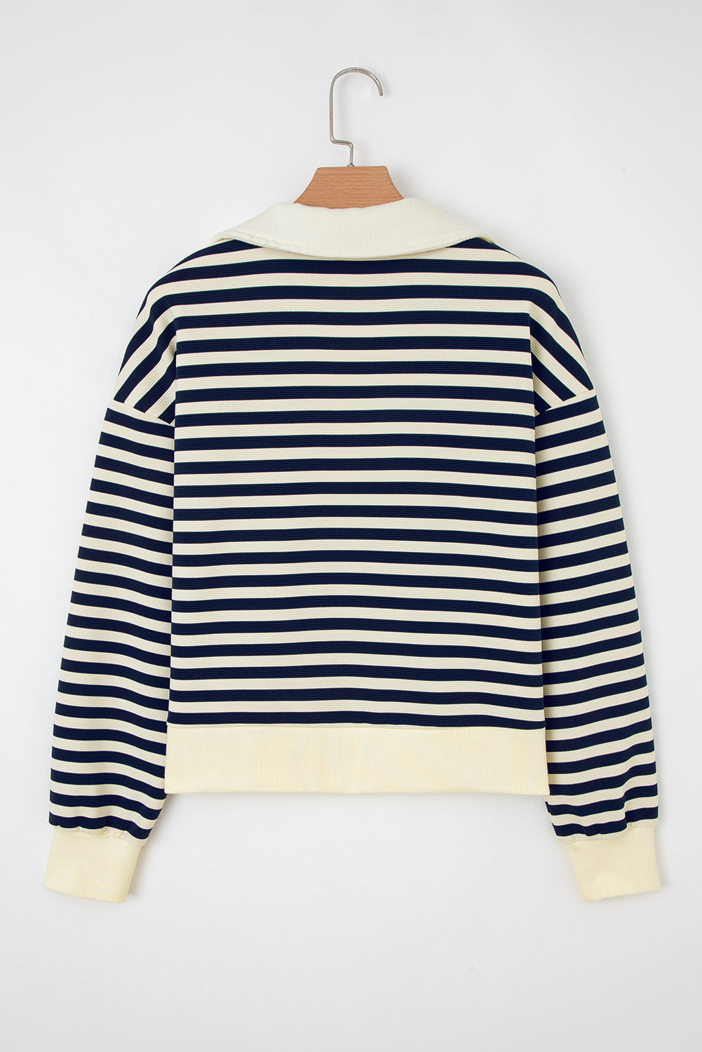 Blue Stripe Collared V Neck Long Sleeve Casual Top