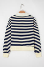 Blue Stripe Collared V Neck Long Sleeve Casual Top