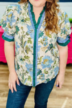 Sky Blue Plus Size Frilled V Neck Short Sleeve Floral Blouse