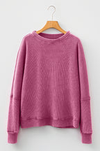 Bright Pink Waffle Knit Patchwork Long Sleeve Loose Top