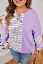 Purple Stripe Patchwork Buttoned Drop Shoulder Plus Size Pullover