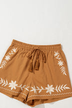 Khaki Embroidered Boho Tasseled Drawstring Elastic Waistband Casual shorts