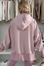 Striped Thumbhole Side Slits Drop Shoulder Loose Fit Hoodie