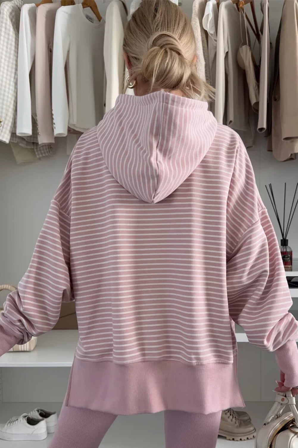 Striped Thumbhole Side Slits Drop Shoulder Loose Fit Hoodie