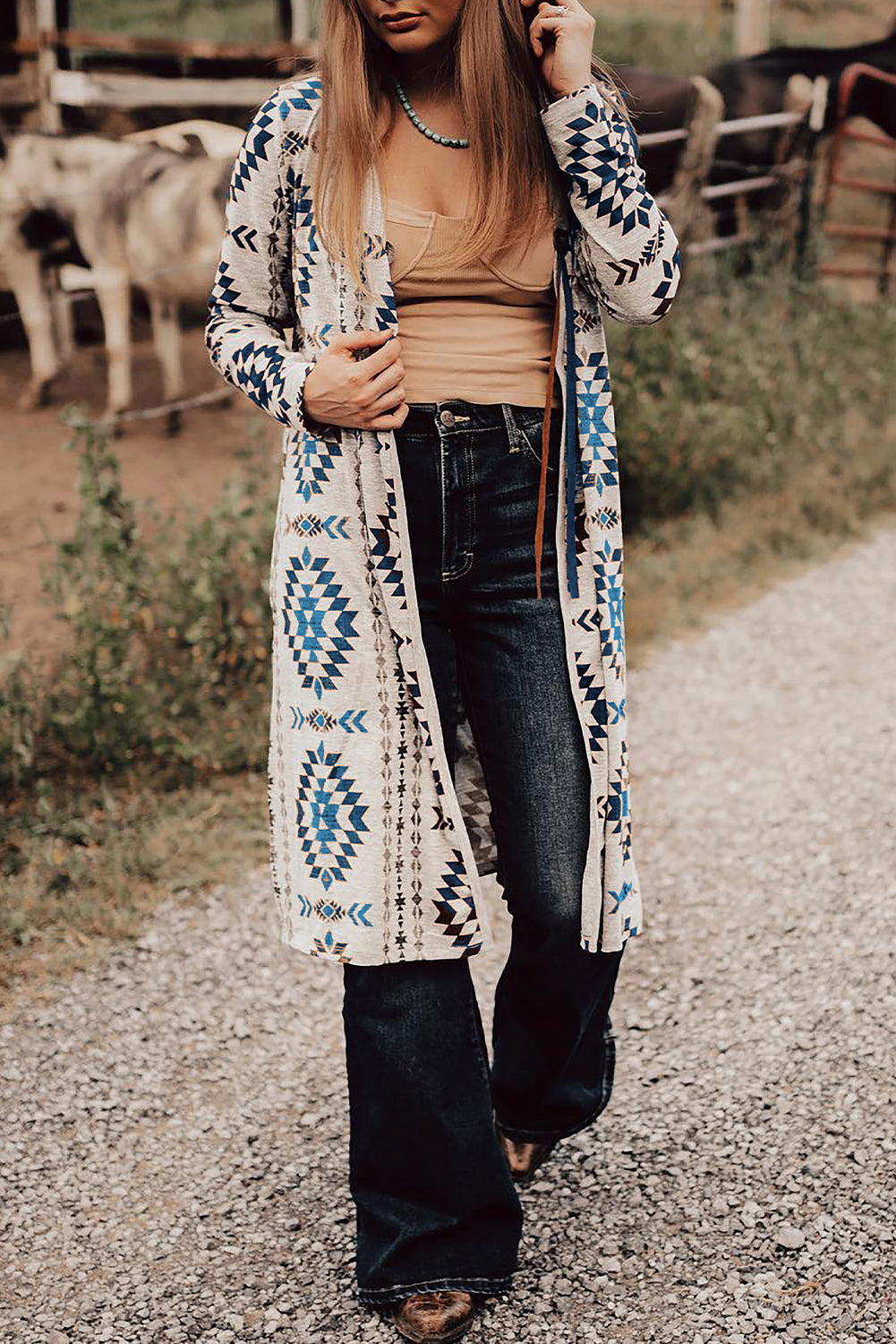 Western Aztec Printed Open Front Long Cardigan