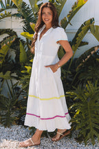 White Colorblock Rickrack Trim Short Sleeve Drawstring Waist Long Dress