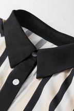 Black Stripe 3/4 Puff Sleeve Shirt Style Button Down Midi Dress