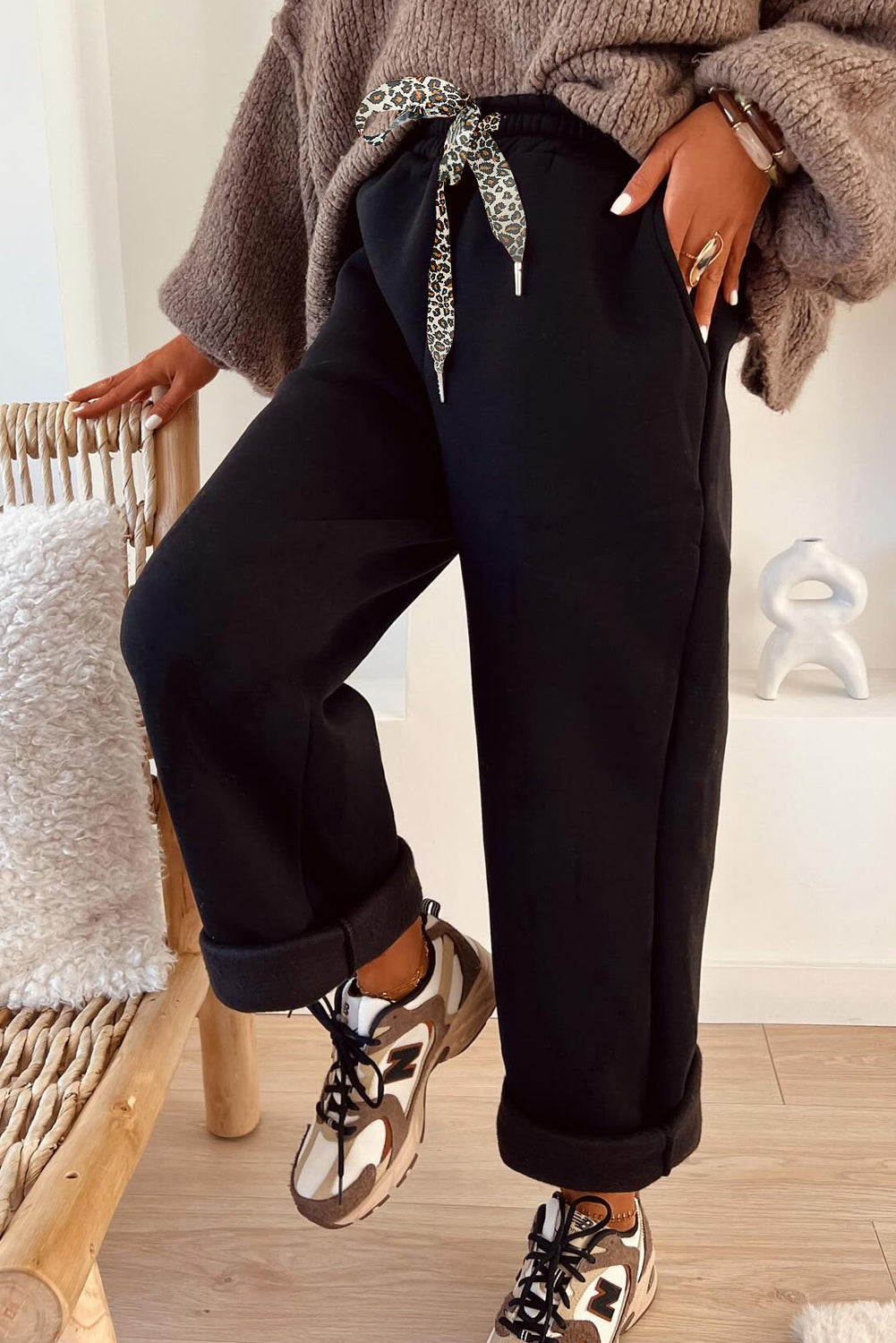 Black Fleece Lined Leopard Drawstring Elastic Waist Solid Pants