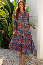 Blue Floral Print Tassel Tie V Neck Long Sleeve Flowy Long Dress
