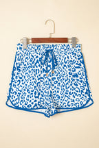 White Leopard Elastic Waist Lace up Contrast Trim Casual Shorts