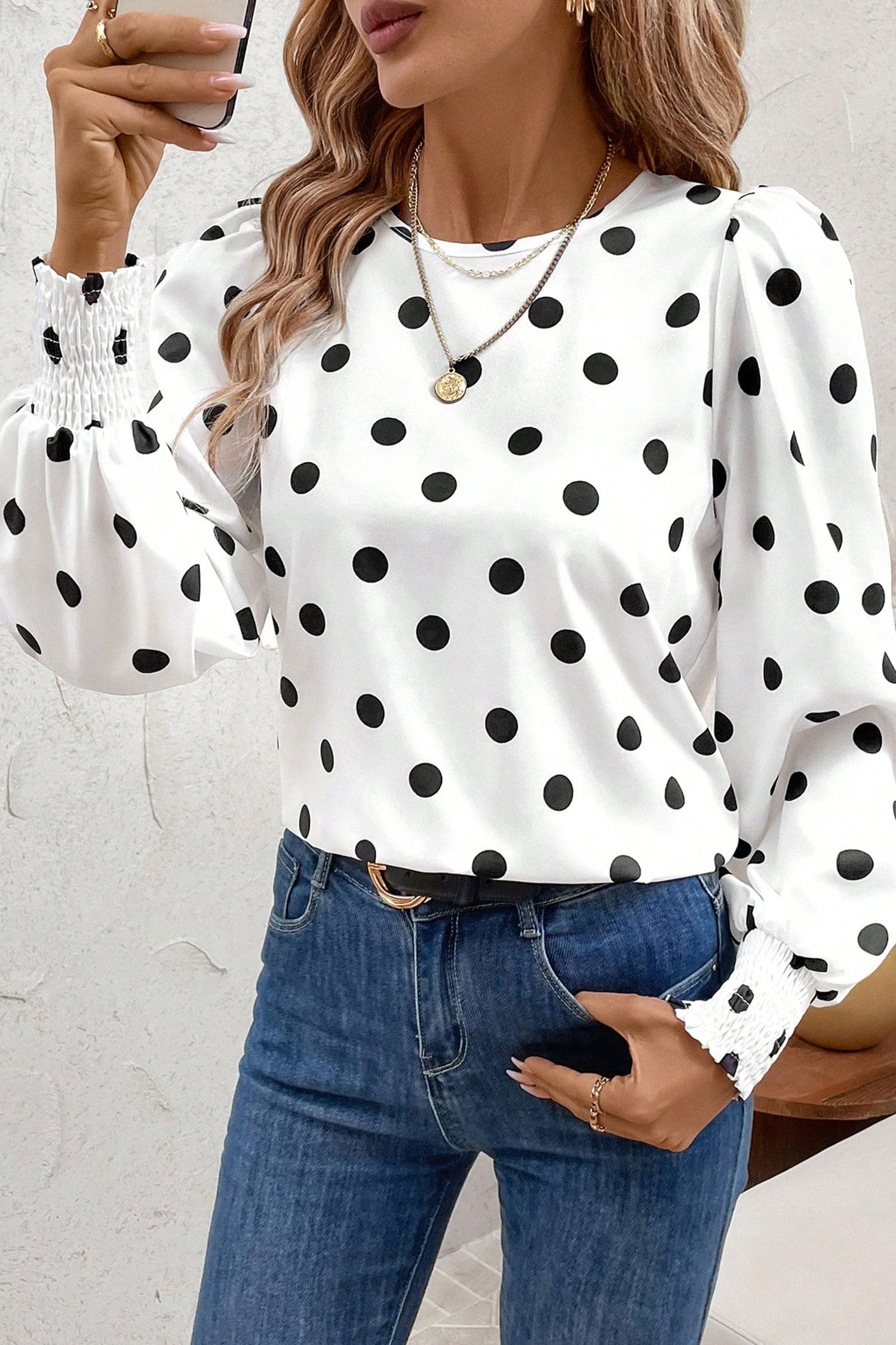 White Polka Dot Print Round Neck Frilled Long Sleeve Blouse