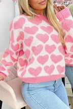 Strawberry Pink Valentine Heart Print Knit Sweater