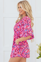 Abstract Print Puff Sleeve V Neck High Waist Romper