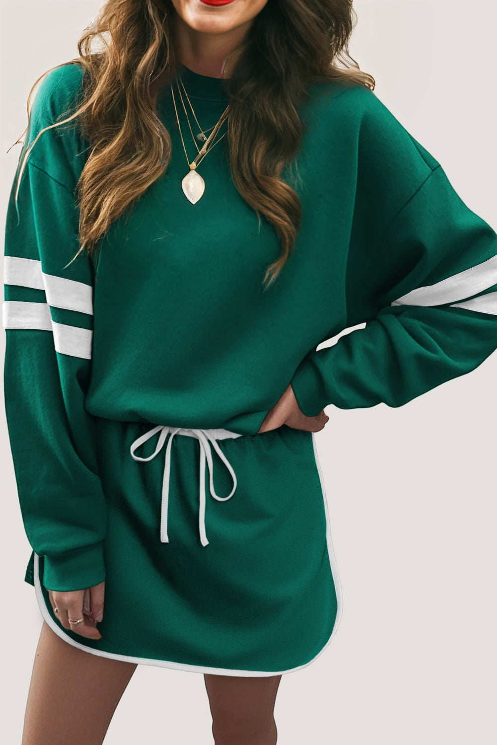 Navy Blue Varsity Stripe Detail Drop Shoulder Pullover Mini Skirt Set