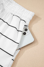 White Stripe Zip up Drop Shoulder Pullover and Shorts 2pcs Outfit