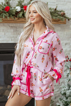 Pink Nutcracker Print Contrast Trim Tied up Bow Silky 2pcs Pajama Set