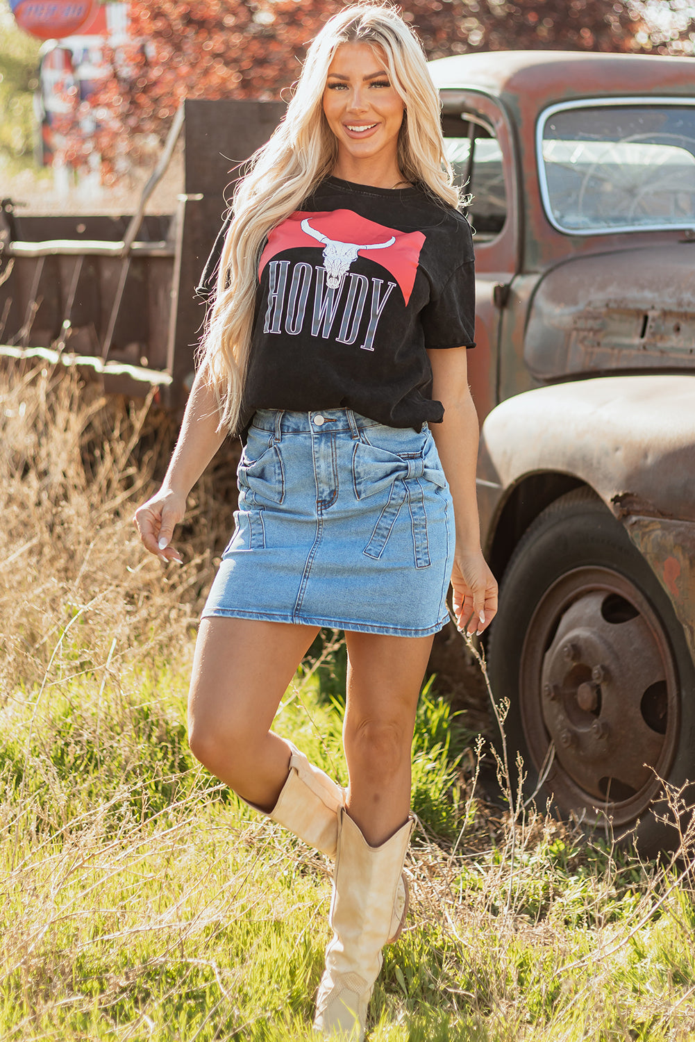 Dusk Blue Acid Wash Bowknot Details High Waist Denim Skirt