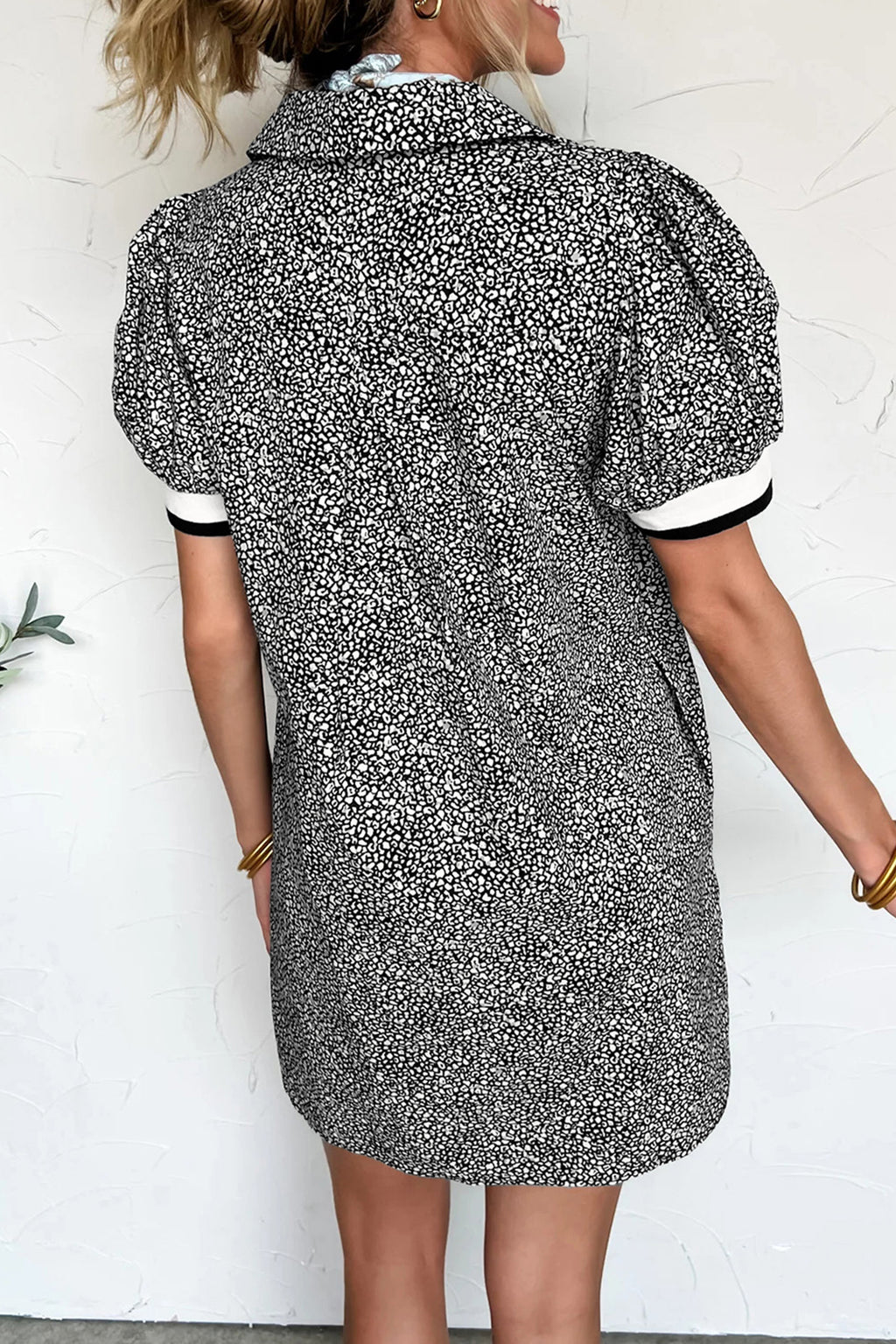 Black Leopard Print Contrast Striped Trim Polo Collar Short Sleeve Dress with Pockets