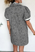 Black Leopard Print Contrast Striped Trim Polo Collar Short Sleeve Dress with Pockets