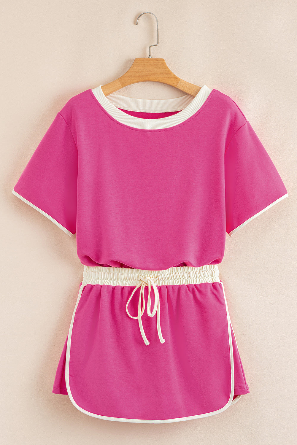 Rose Red Colour block Edge Drop Shoulder T Shirt and Skorts 2Pcs Set