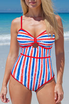Red July 4th Stripes Star Floral Impression Cutout Spaghetti Straps One Piece Swimsuit