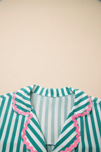 Green Stripe Contrast Ricrac Trim Long Sleeve Shirt Drawstring Ruffled Pyjama Short Set