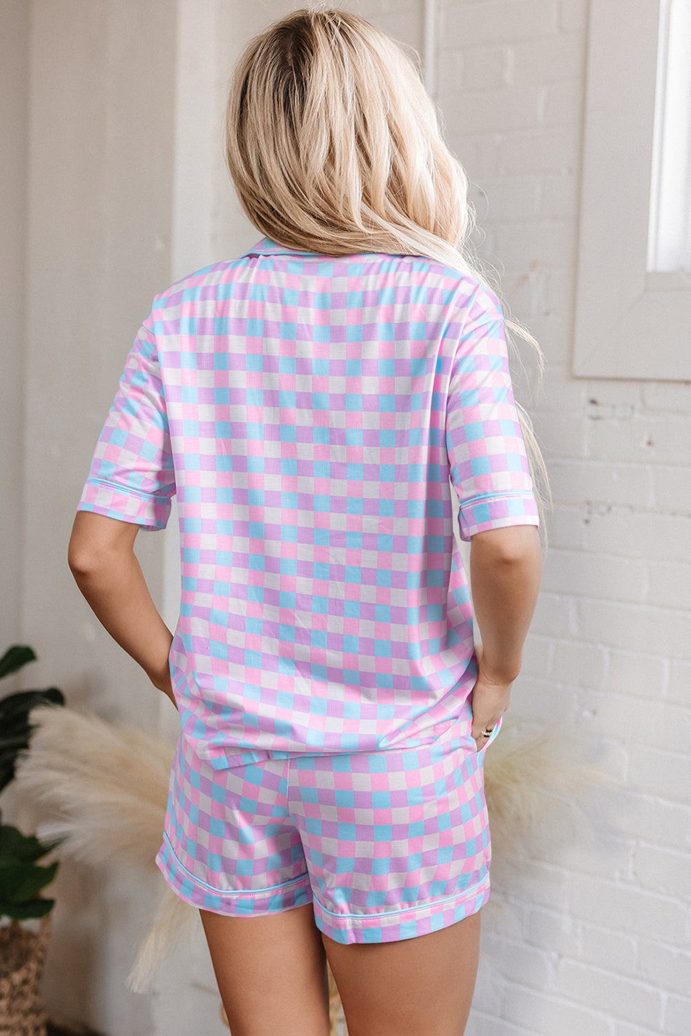 Purple Checkered Pattern Short Sleeve Pyjamas Set