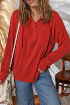 Racing Red Twist Ribbed Half Button Collared Drawstring Pullover Top