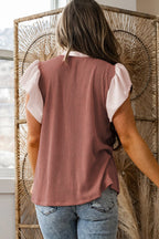 Plus Size Contrast Frilled Neckline Ruffled Short Sleeve Ribbed Textured Blouse