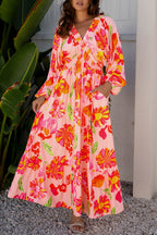 Beige Floral Print Smocked Detail V Neck Puff Sleeve Flowy Maxi Dress